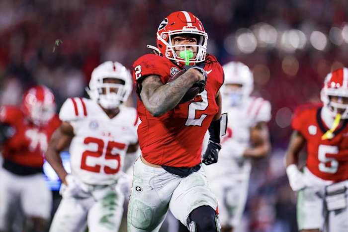 Georgia running back Kendall Milton during Georgia’s game against Ole Miss on Dooley Field at Sanford Stadium in Athens, Ga., on Saturday, Nov. 11, 2023. (Tony Walsh/UGAAA)